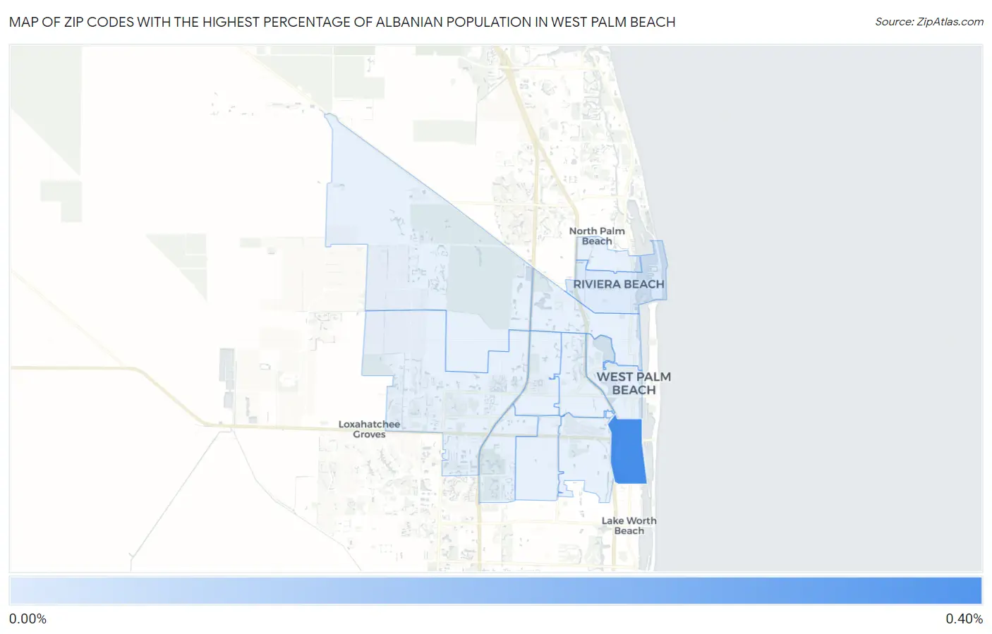 Zip Codes with the Highest Percentage of Albanian Population in West Palm Beach Map