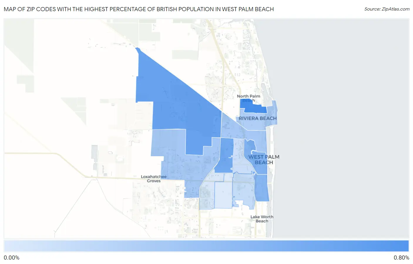 Zip Codes with the Highest Percentage of British Population in West Palm Beach Map