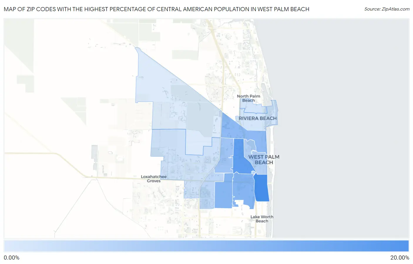 Zip Codes with the Highest Percentage of Central American Population in West Palm Beach Map