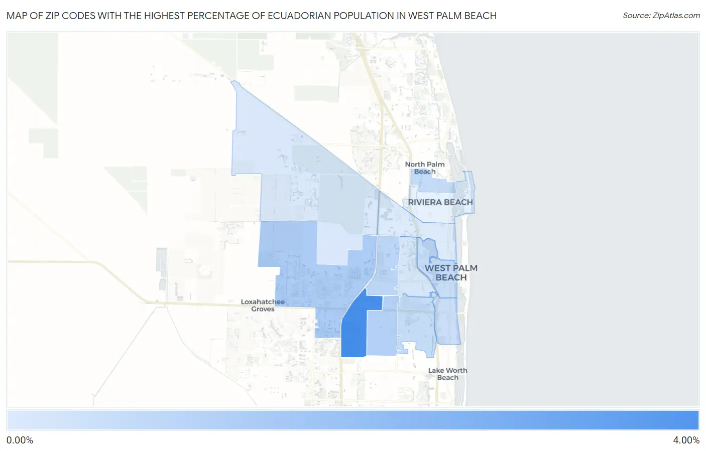 Zip Codes with the Highest Percentage of Ecuadorian Population in West Palm Beach Map