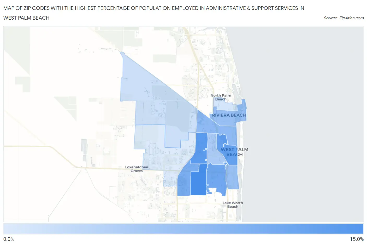 Zip Codes with the Highest Percentage of Population Employed in Administrative & Support Services in West Palm Beach Map