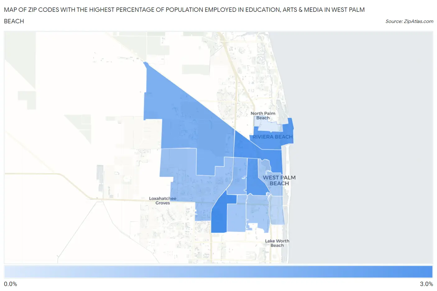 Zip Codes with the Highest Percentage of Population Employed in Education, Arts & Media in West Palm Beach Map