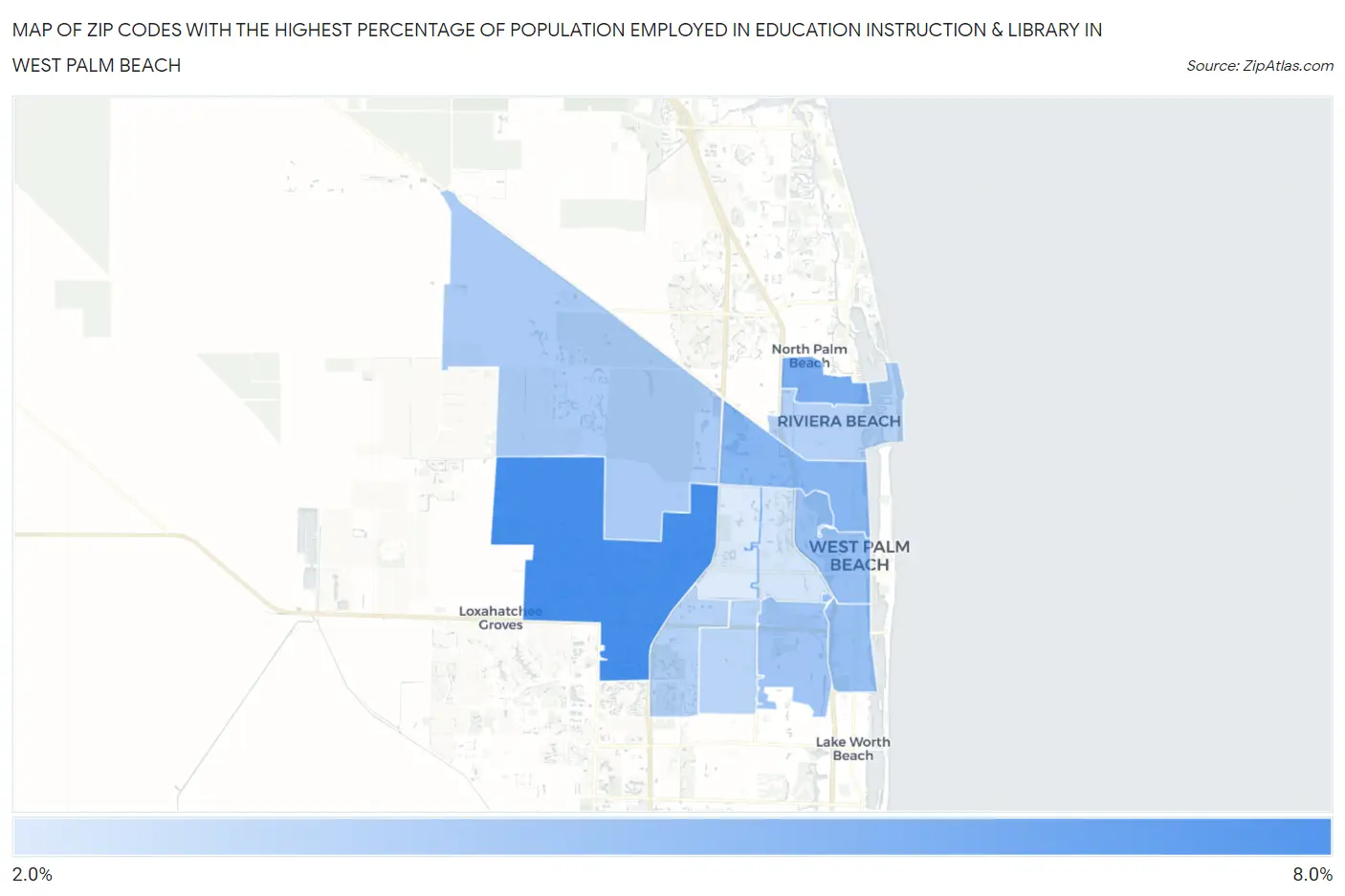 Zip Codes with the Highest Percentage of Population Employed in Education Instruction & Library in West Palm Beach Map