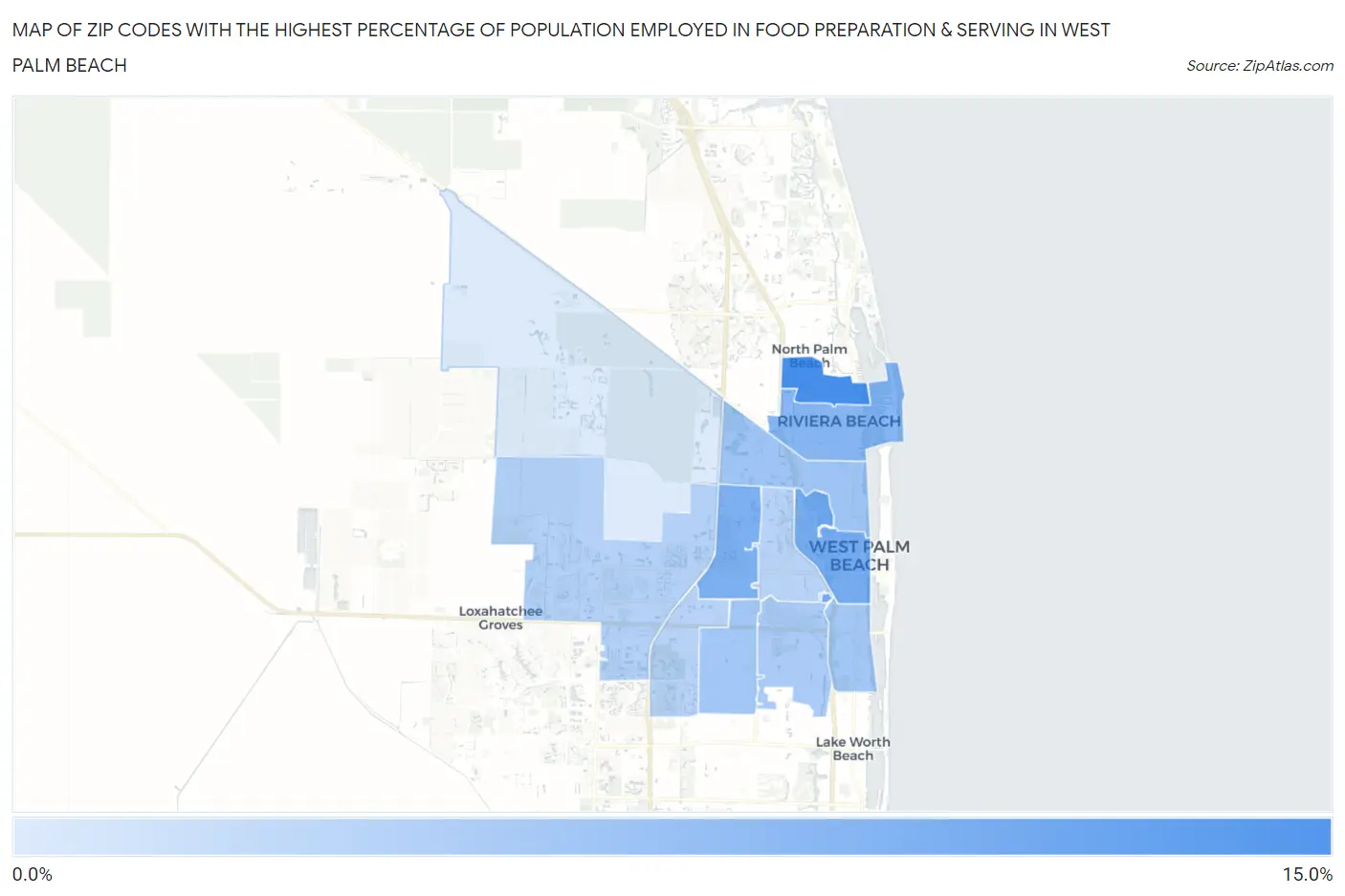 Zip Codes with the Highest Percentage of Population Employed in Food Preparation & Serving in West Palm Beach Map