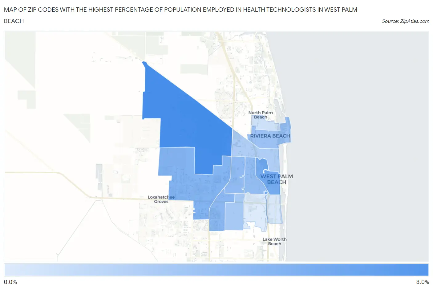 Zip Codes with the Highest Percentage of Population Employed in Health Technologists in West Palm Beach Map
