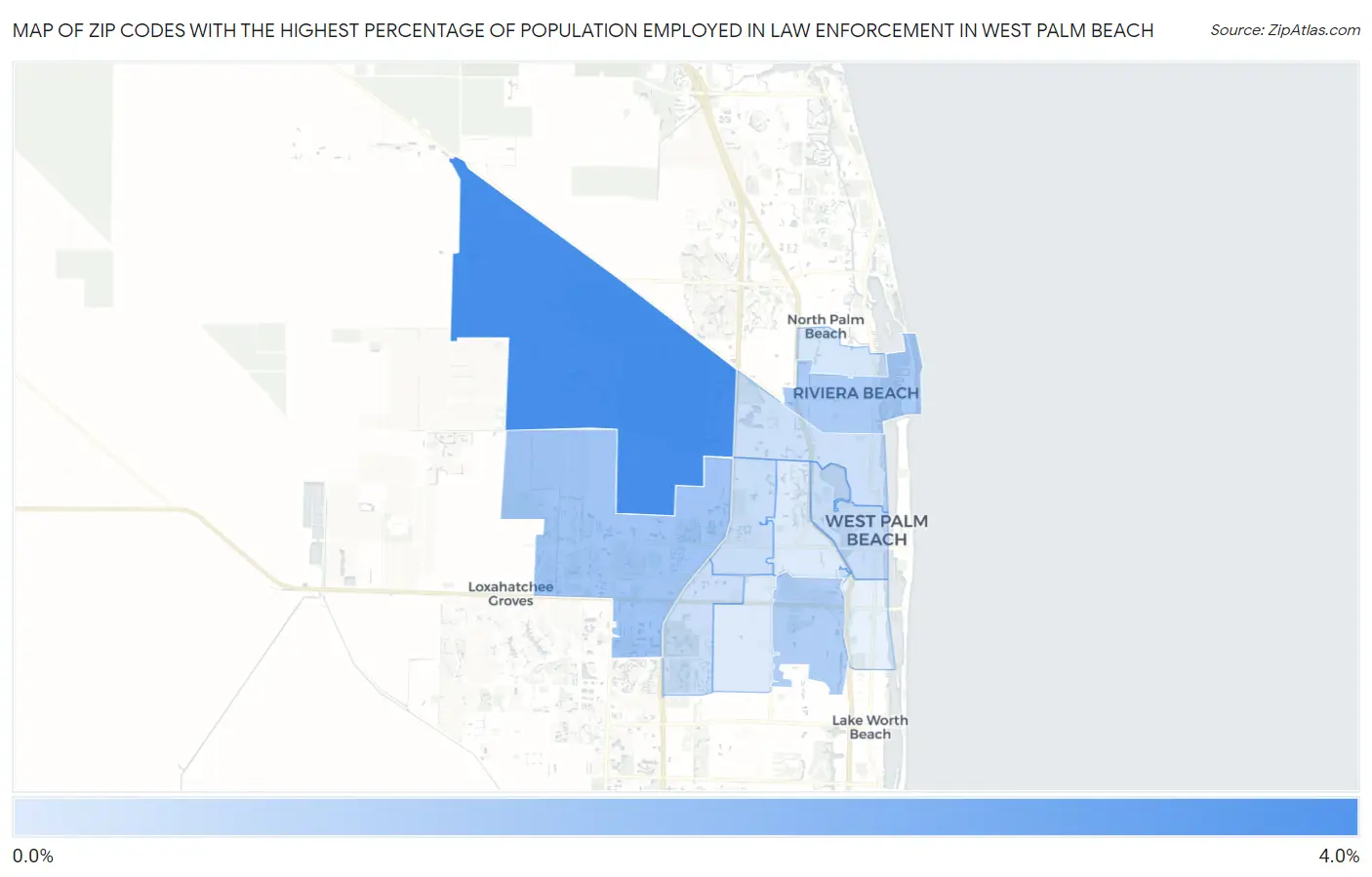Zip Codes with the Highest Percentage of Population Employed in Law Enforcement in West Palm Beach Map