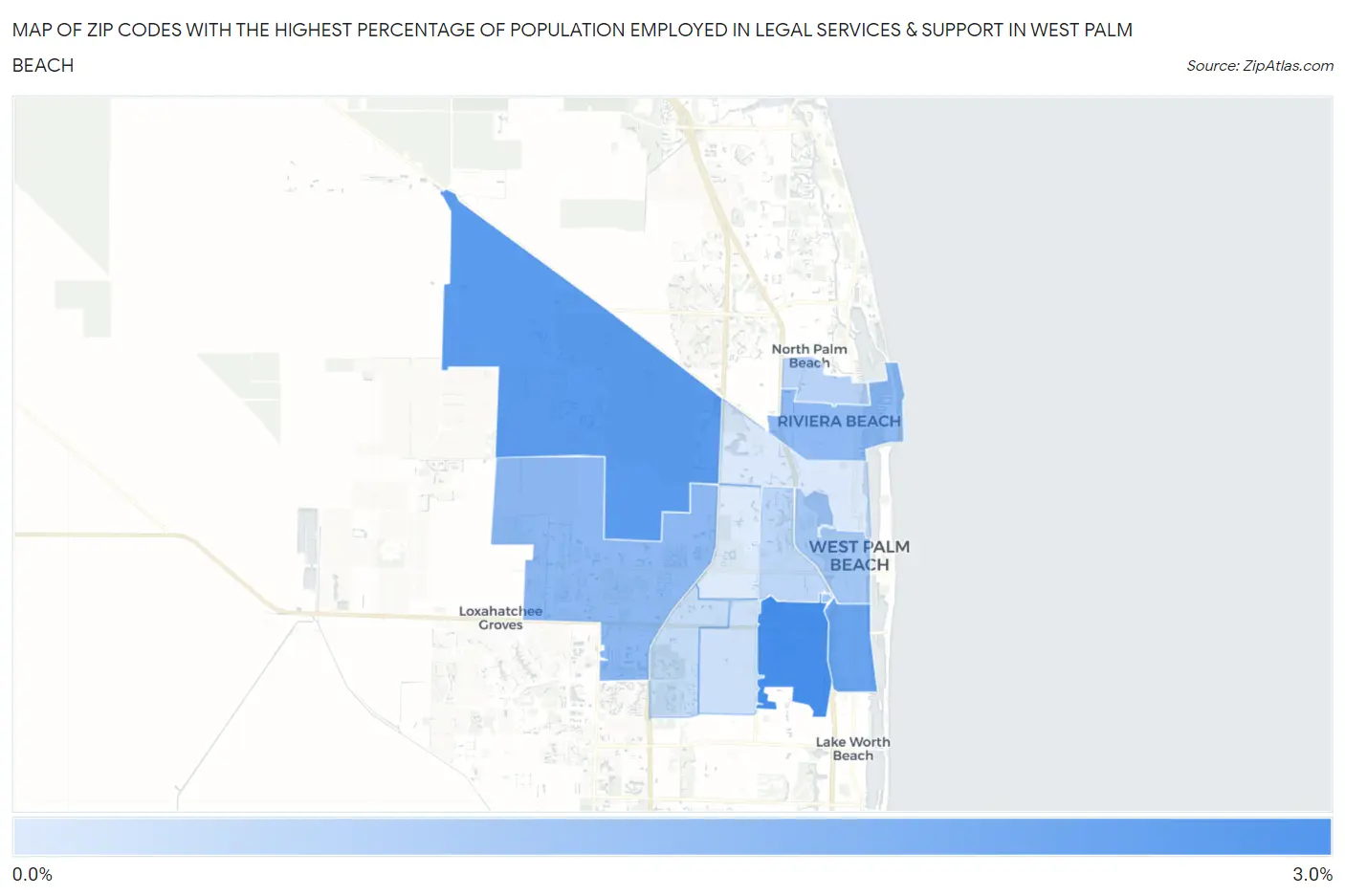 Zip Codes with the Highest Percentage of Population Employed in Legal Services & Support in West Palm Beach Map