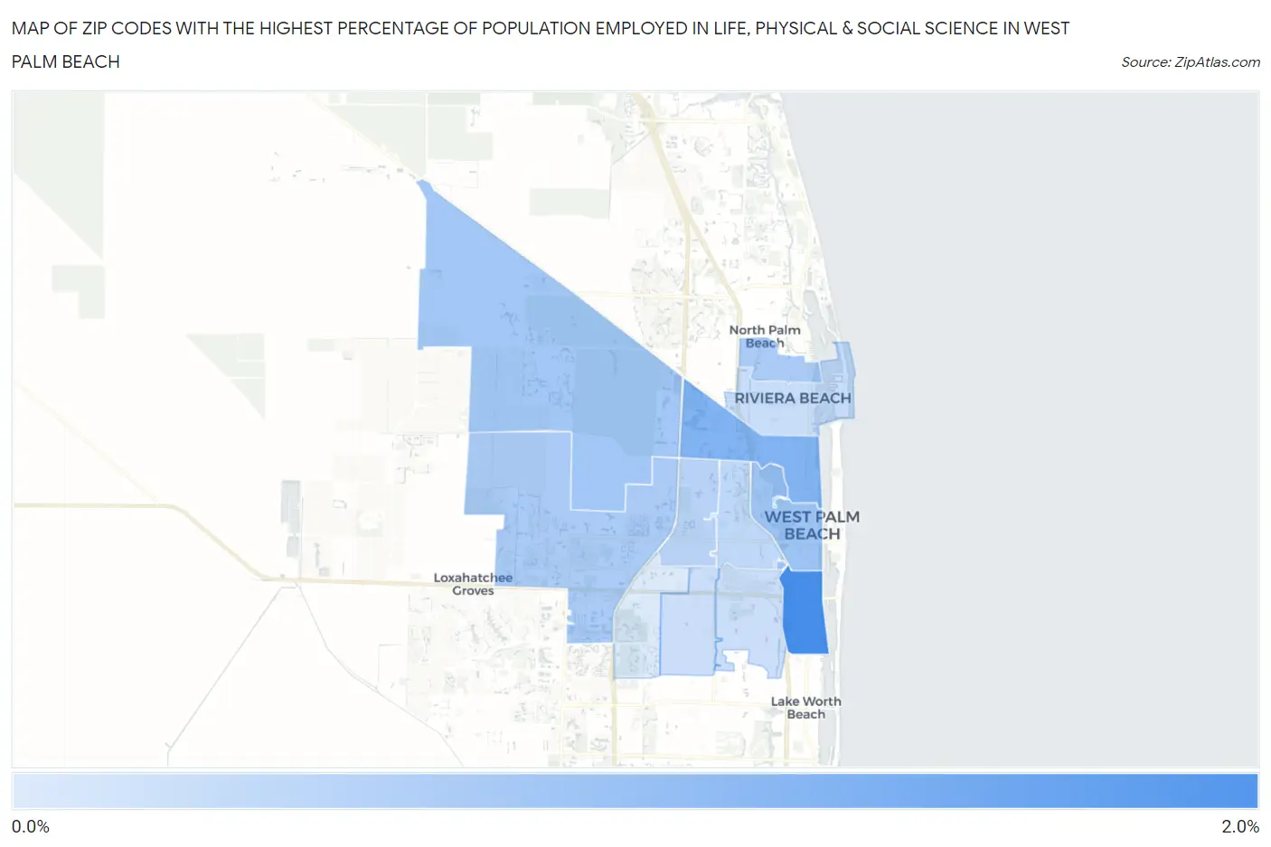 Zip Codes with the Highest Percentage of Population Employed in Life, Physical & Social Science in West Palm Beach Map