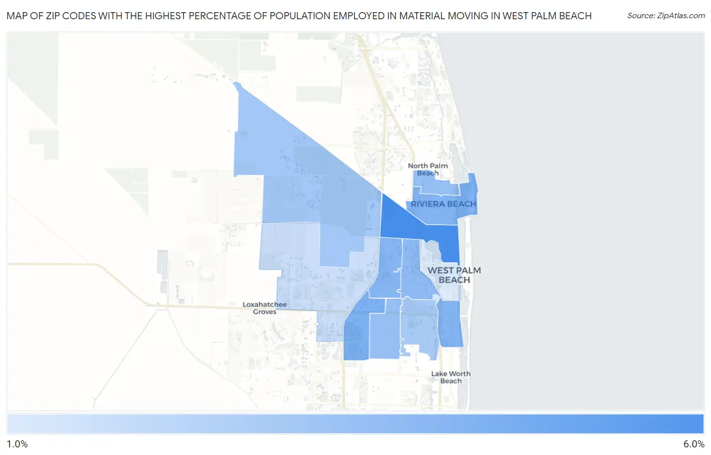 Zip Codes with the Highest Percentage of Population Employed in Material Moving in West Palm Beach Map