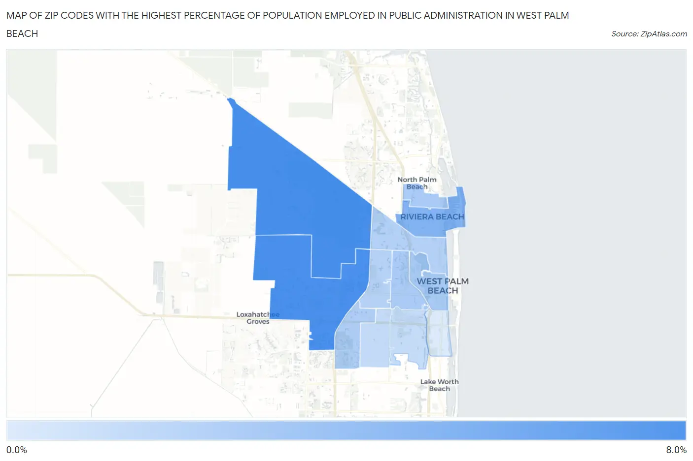 Zip Codes with the Highest Percentage of Population Employed in Public Administration in West Palm Beach Map