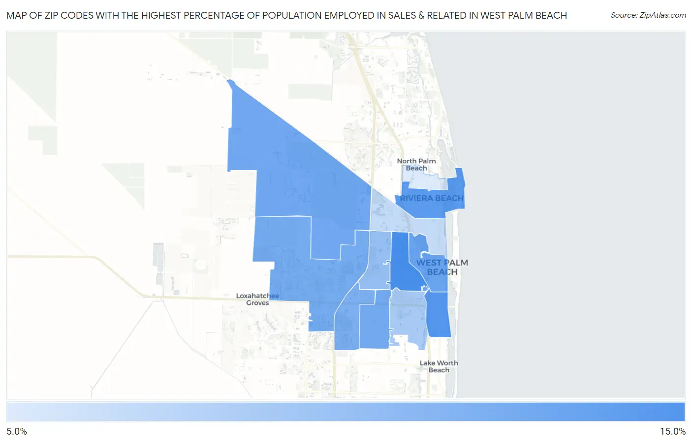 Zip Codes with the Highest Percentage of Population Employed in Sales & Related in West Palm Beach Map