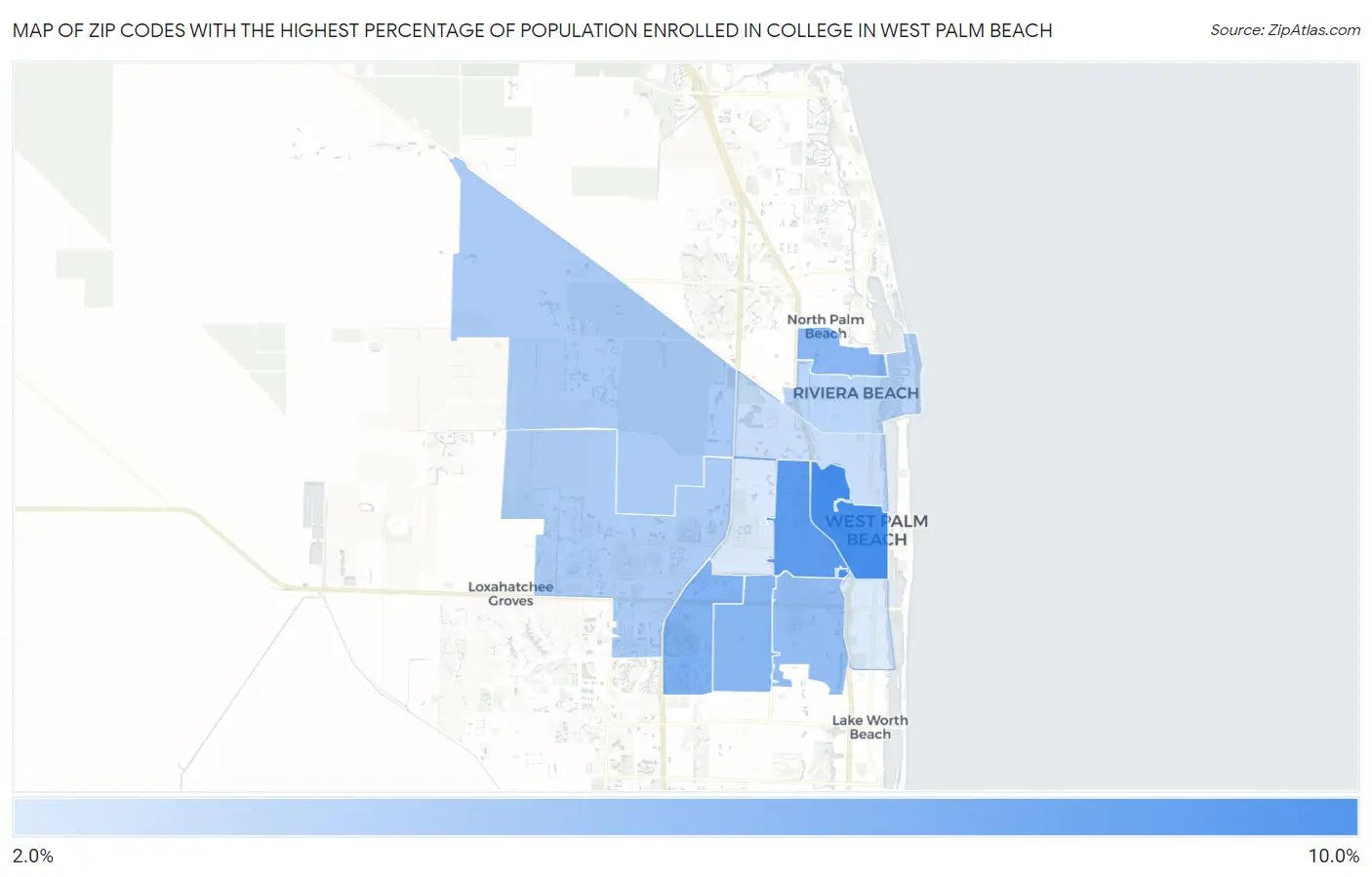 Zip Codes with the Highest Percentage of Population Enrolled in College in West Palm Beach Map