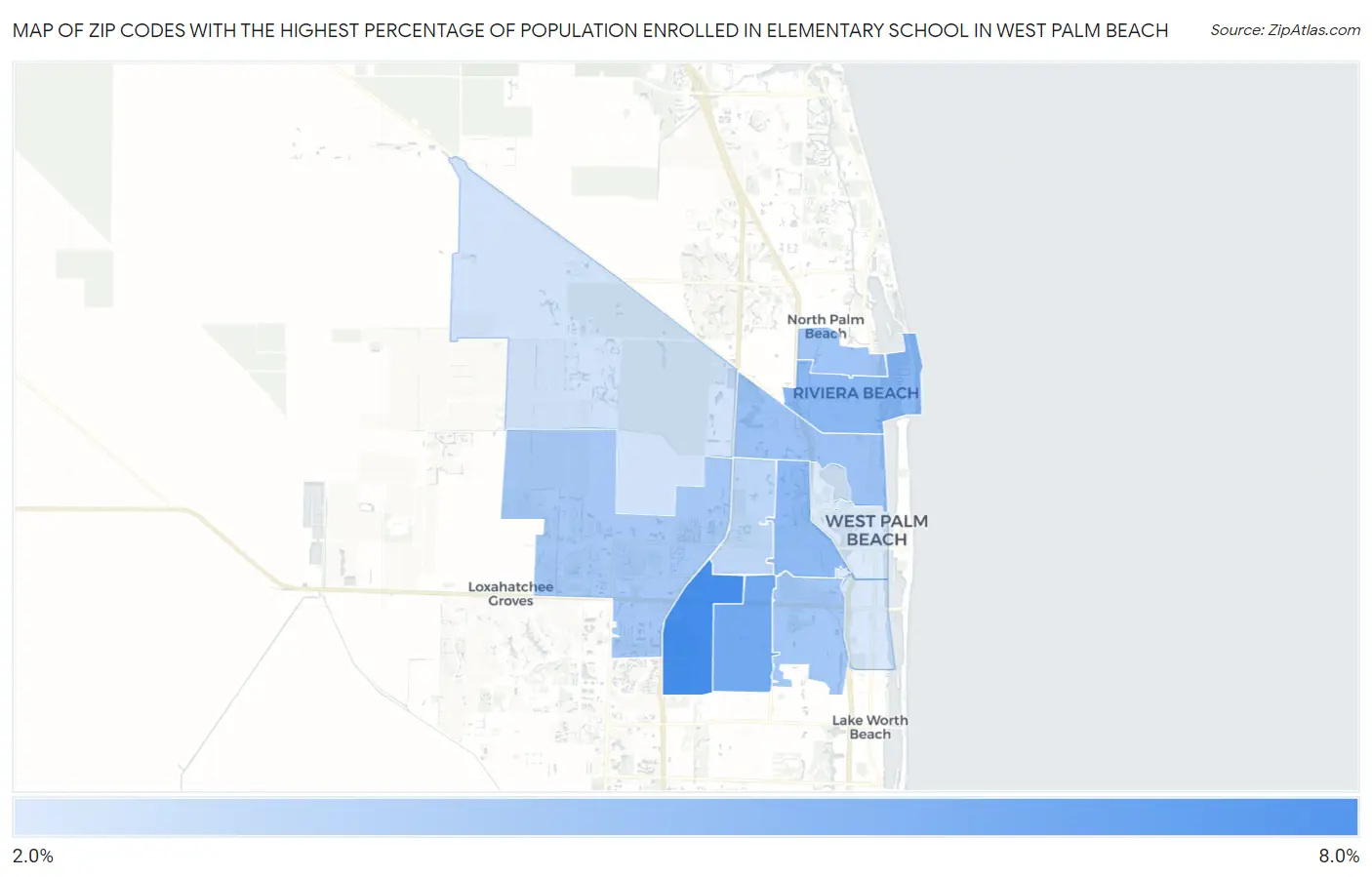 Zip Codes with the Highest Percentage of Population Enrolled in Elementary School in West Palm Beach Map