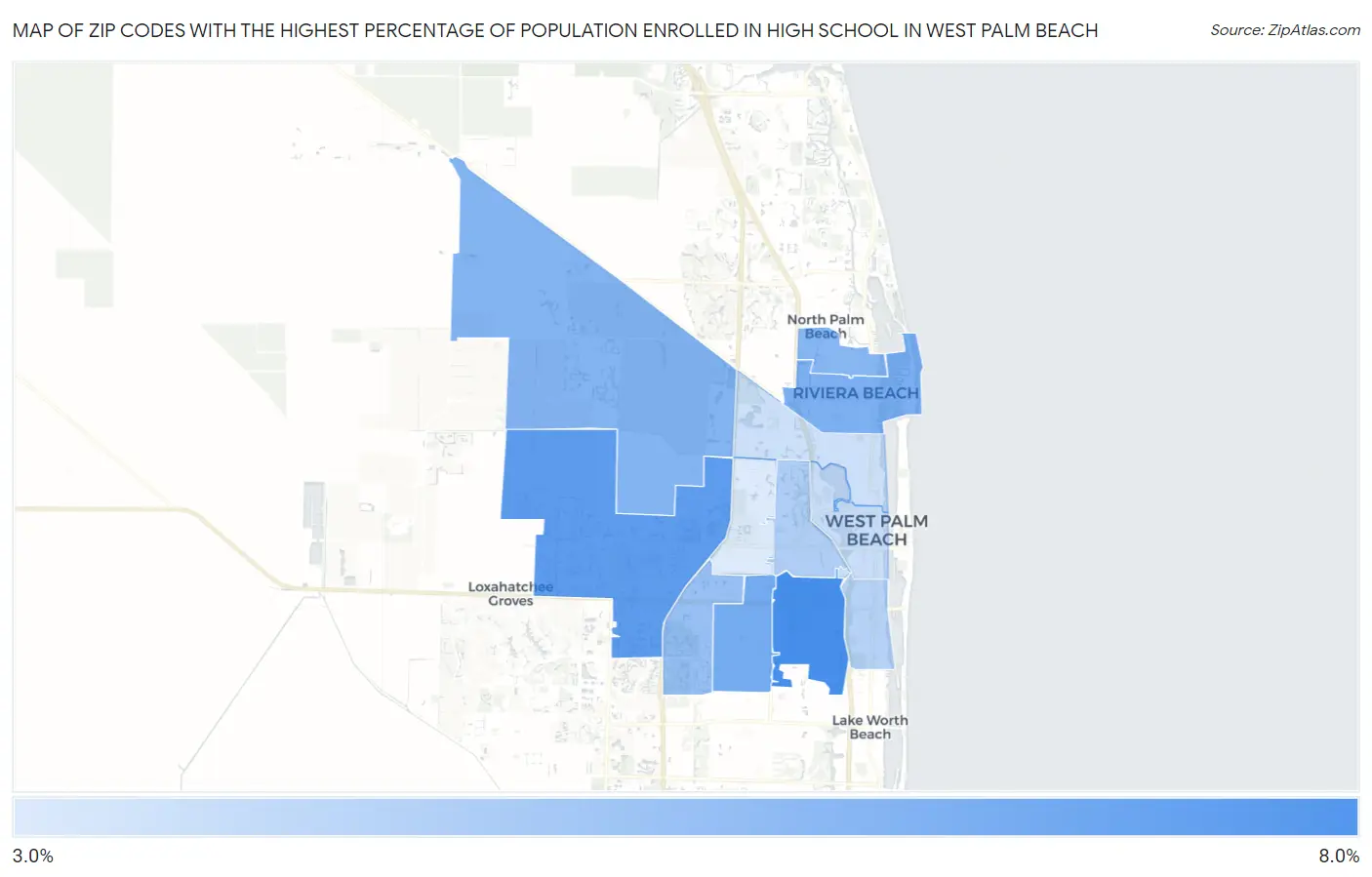 Zip Codes with the Highest Percentage of Population Enrolled in High School in West Palm Beach Map