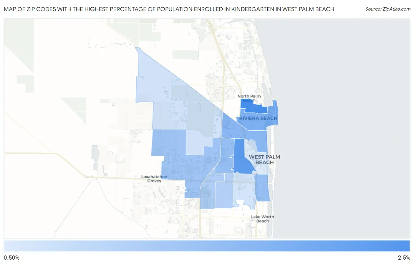 Zip Codes with the Highest Percentage of Population Enrolled in Kindergarten in West Palm Beach Map