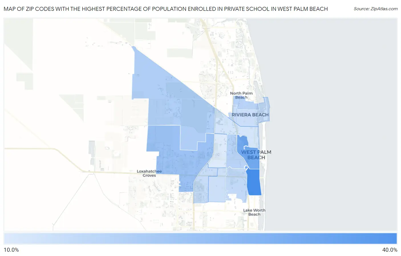 Zip Codes with the Highest Percentage of Population Enrolled in Private School in West Palm Beach Map