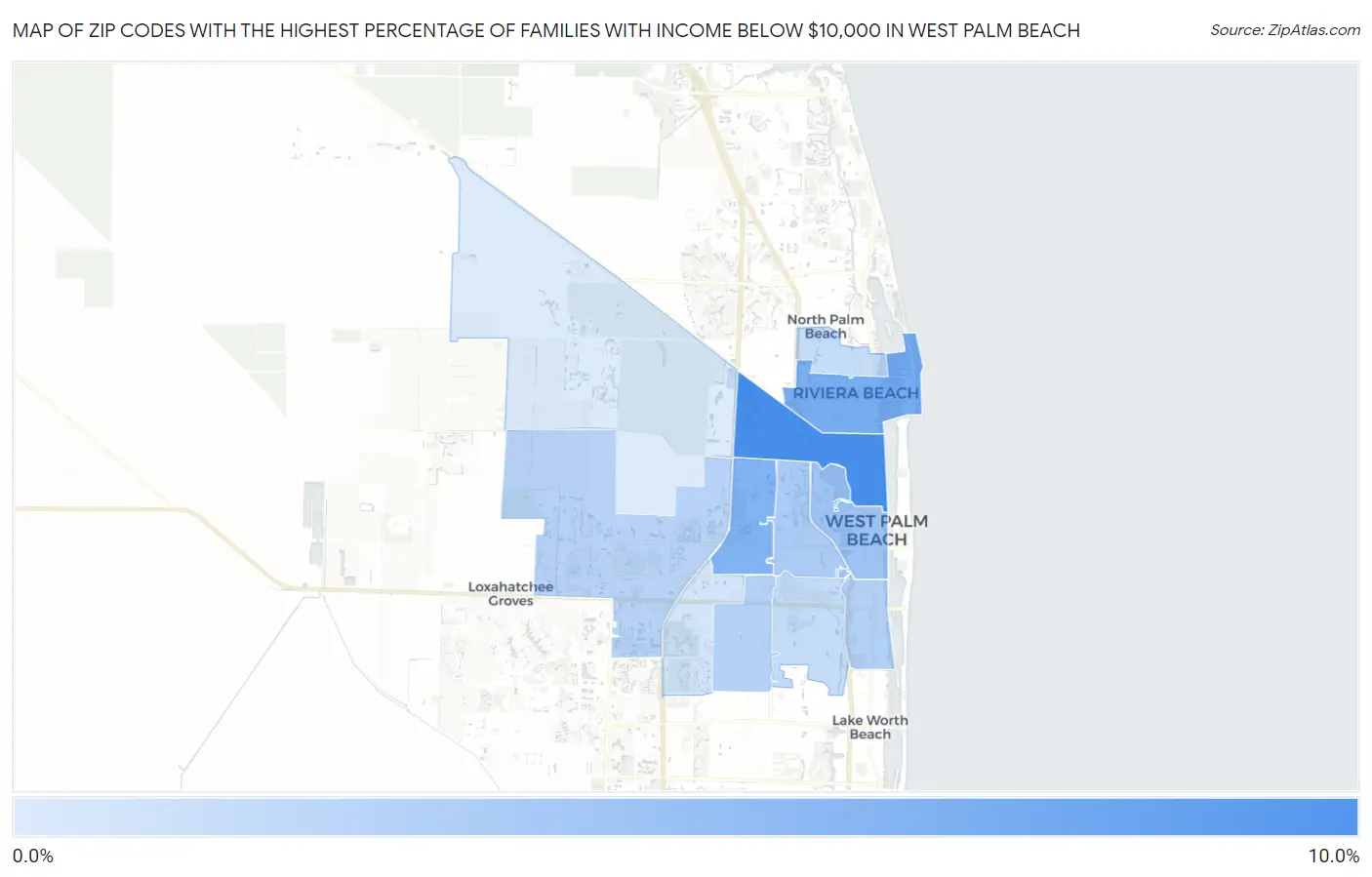 Zip Codes with the Highest Percentage of Families with Income Below $10,000 in West Palm Beach Map