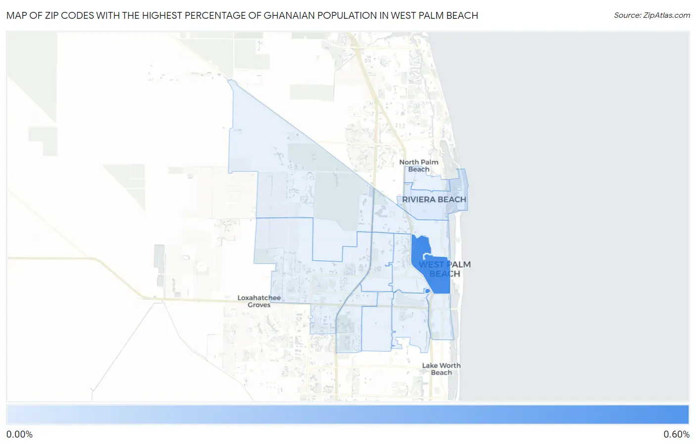 Zip Codes with the Highest Percentage of Ghanaian Population in West Palm Beach Map