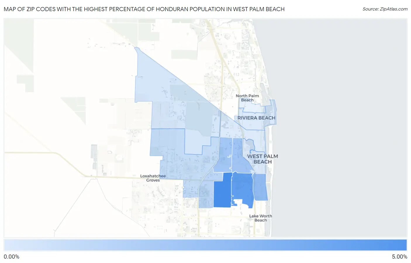 Zip Codes with the Highest Percentage of Honduran Population in West Palm Beach Map
