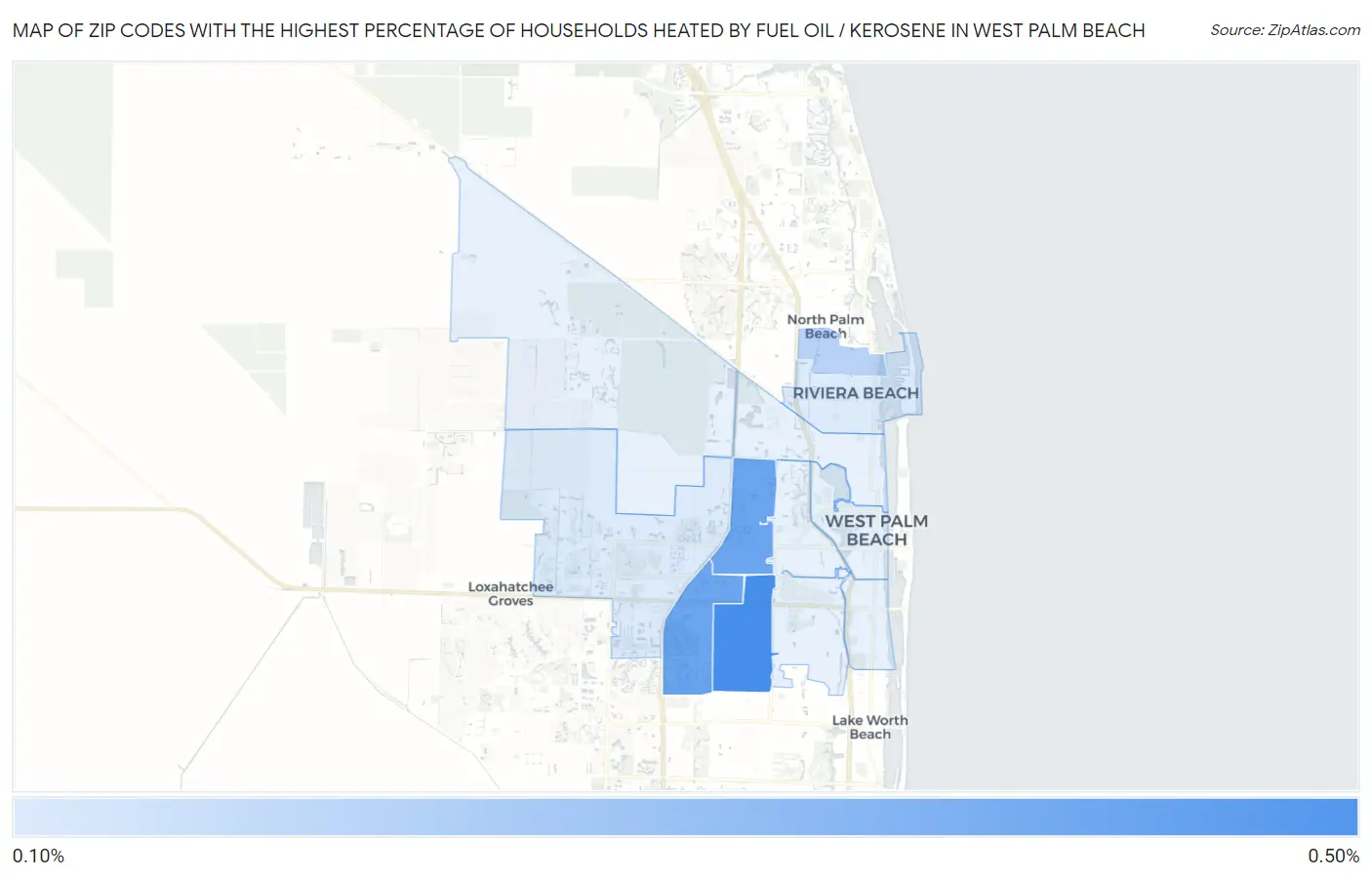 Zip Codes with the Highest Percentage of Households Heated by Fuel Oil / Kerosene in West Palm Beach Map