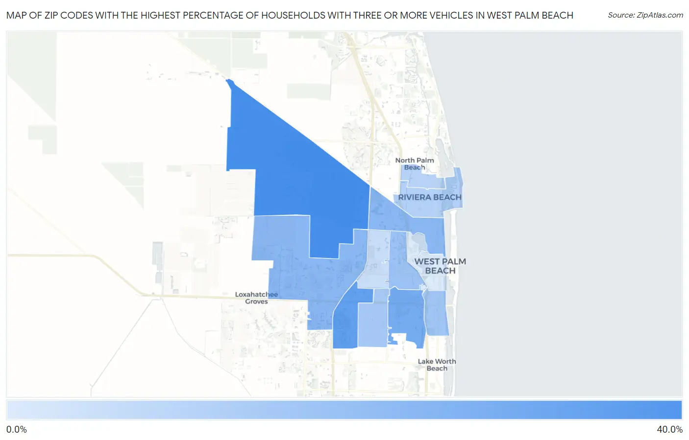 Zip Codes with the Highest Percentage of Households With Three or more Vehicles in West Palm Beach Map