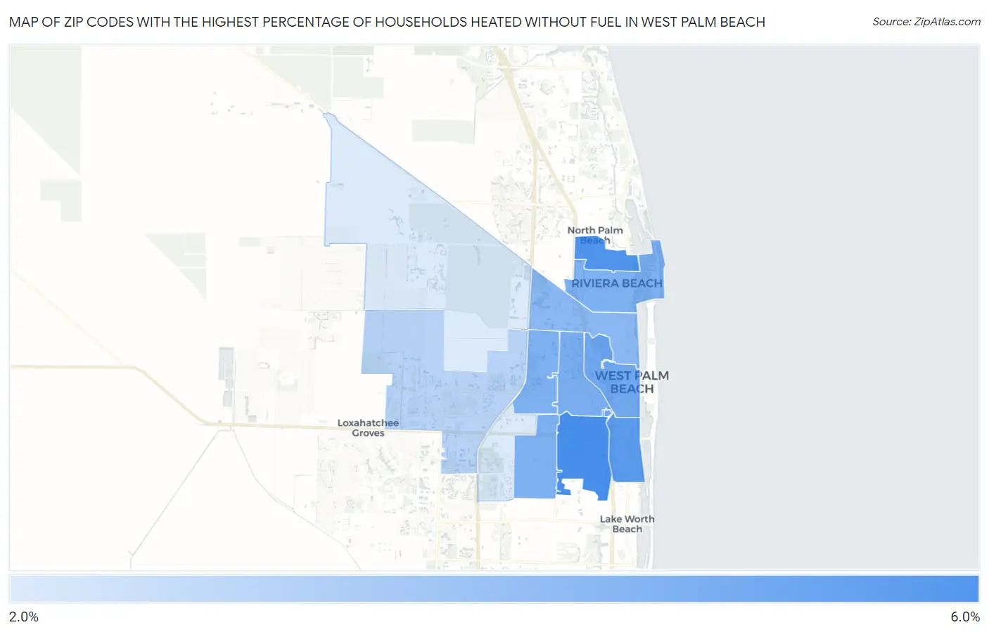 Zip Codes with the Highest Percentage of Households Heated without Fuel in West Palm Beach Map