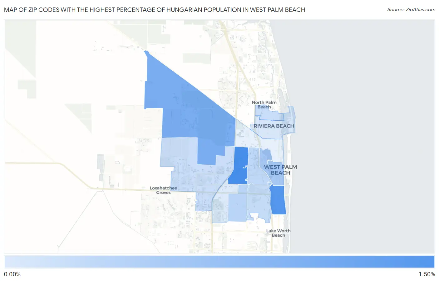 Zip Codes with the Highest Percentage of Hungarian Population in West Palm Beach Map