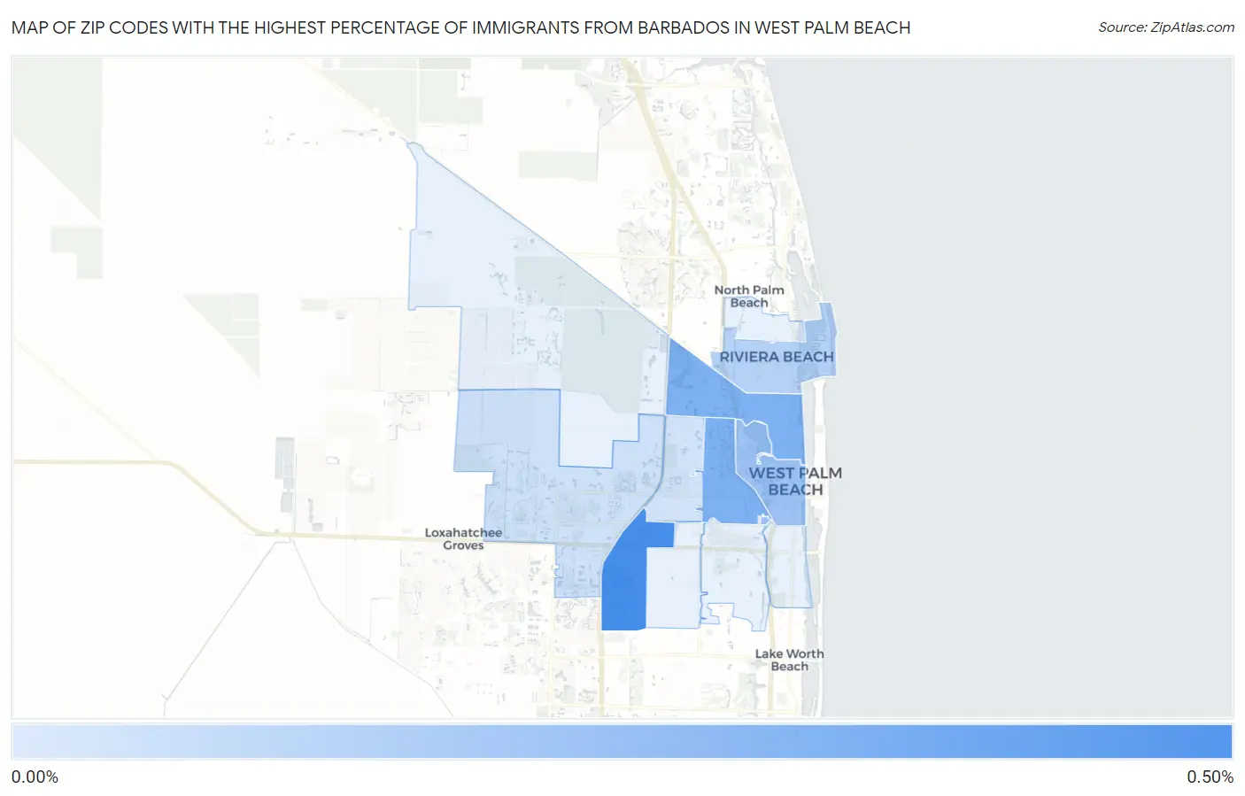Zip Codes with the Highest Percentage of Immigrants from Barbados in West Palm Beach Map