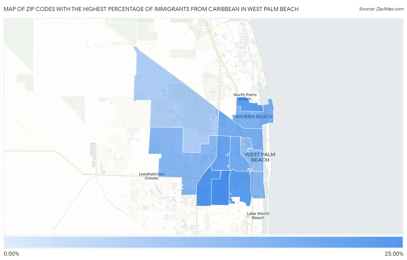 Zip Codes with the Highest Percentage of Immigrants from Caribbean in West Palm Beach Map