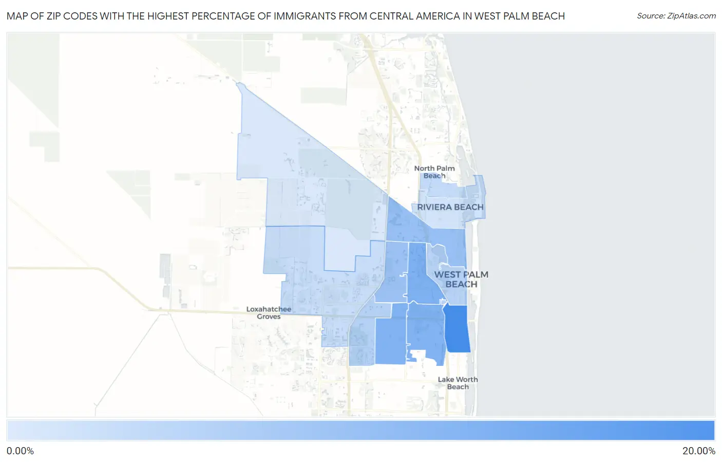 Zip Codes with the Highest Percentage of Immigrants from Central America in West Palm Beach Map