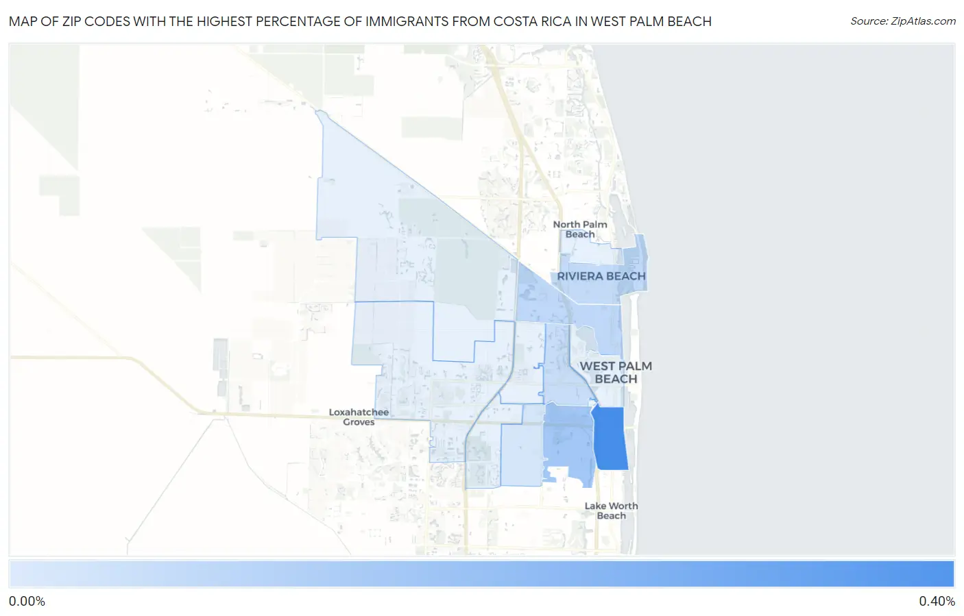 Zip Codes with the Highest Percentage of Immigrants from Costa Rica in West Palm Beach Map
