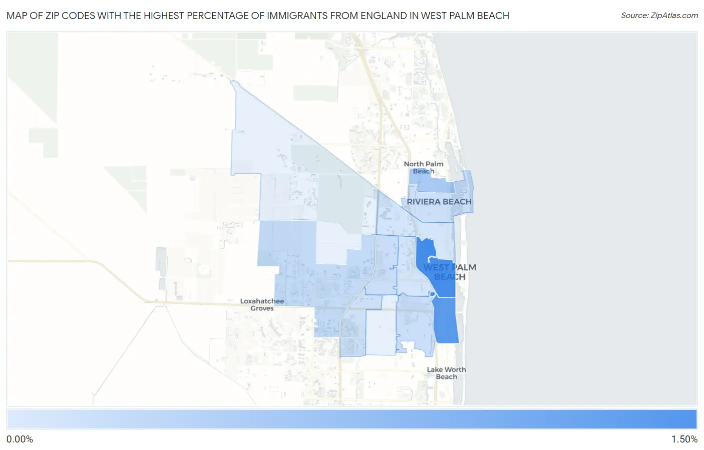 Zip Codes with the Highest Percentage of Immigrants from England in West Palm Beach Map