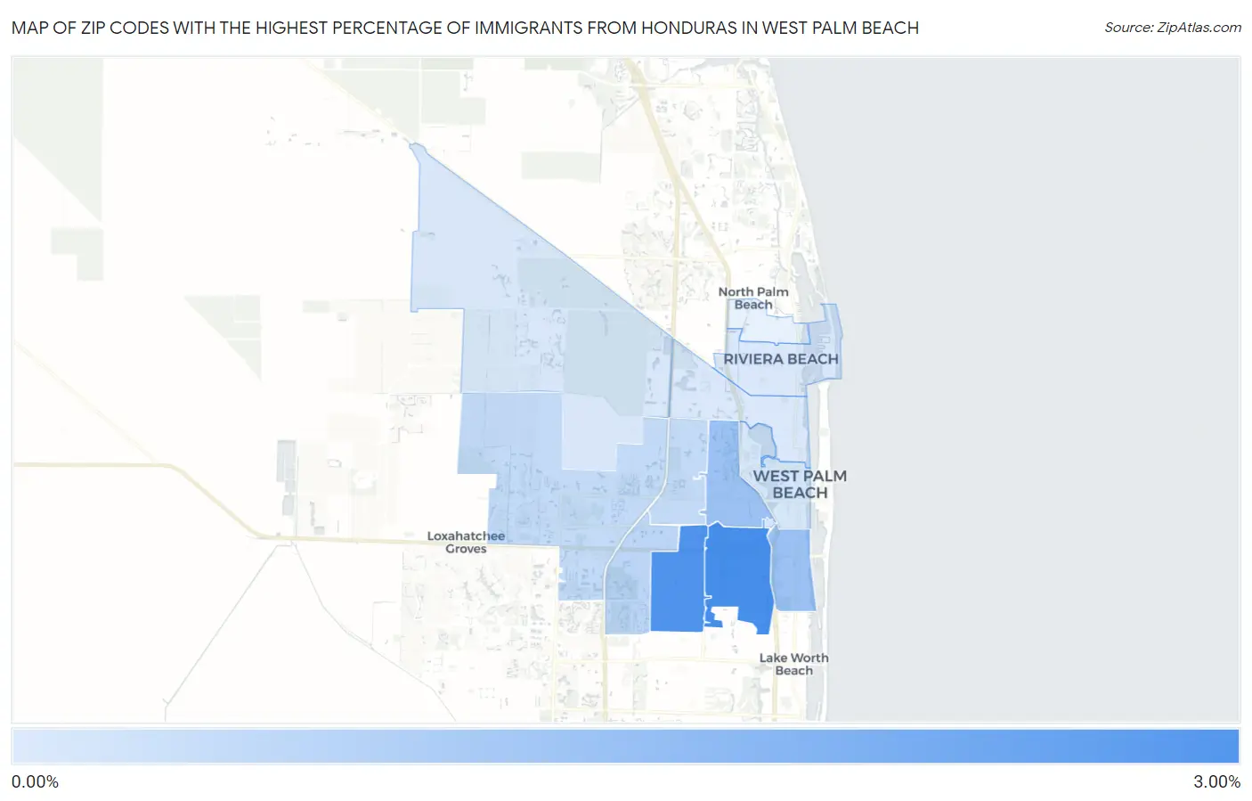 Zip Codes with the Highest Percentage of Immigrants from Honduras in West Palm Beach Map