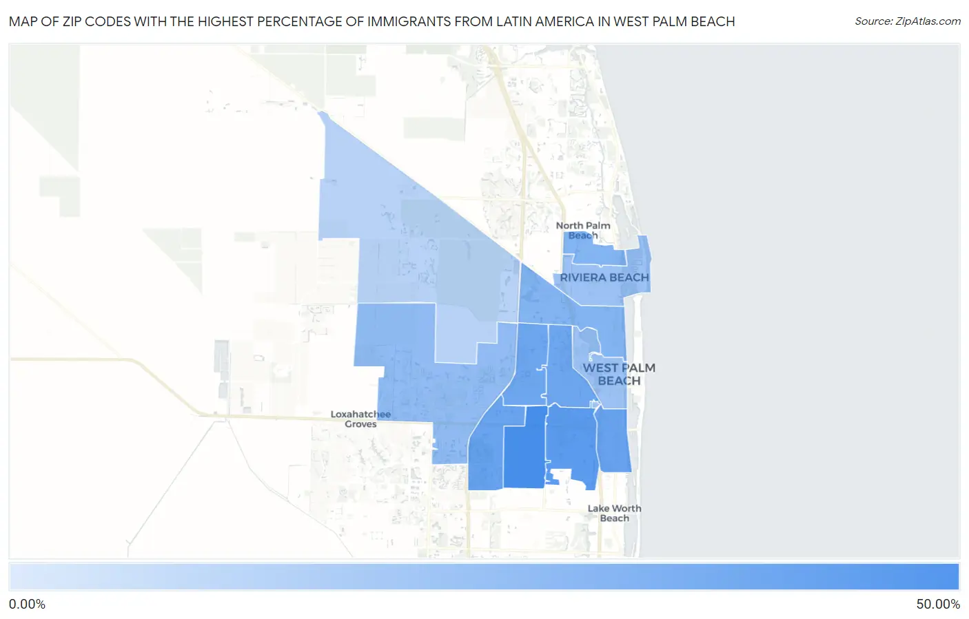 Zip Codes with the Highest Percentage of Immigrants from Latin America in West Palm Beach Map