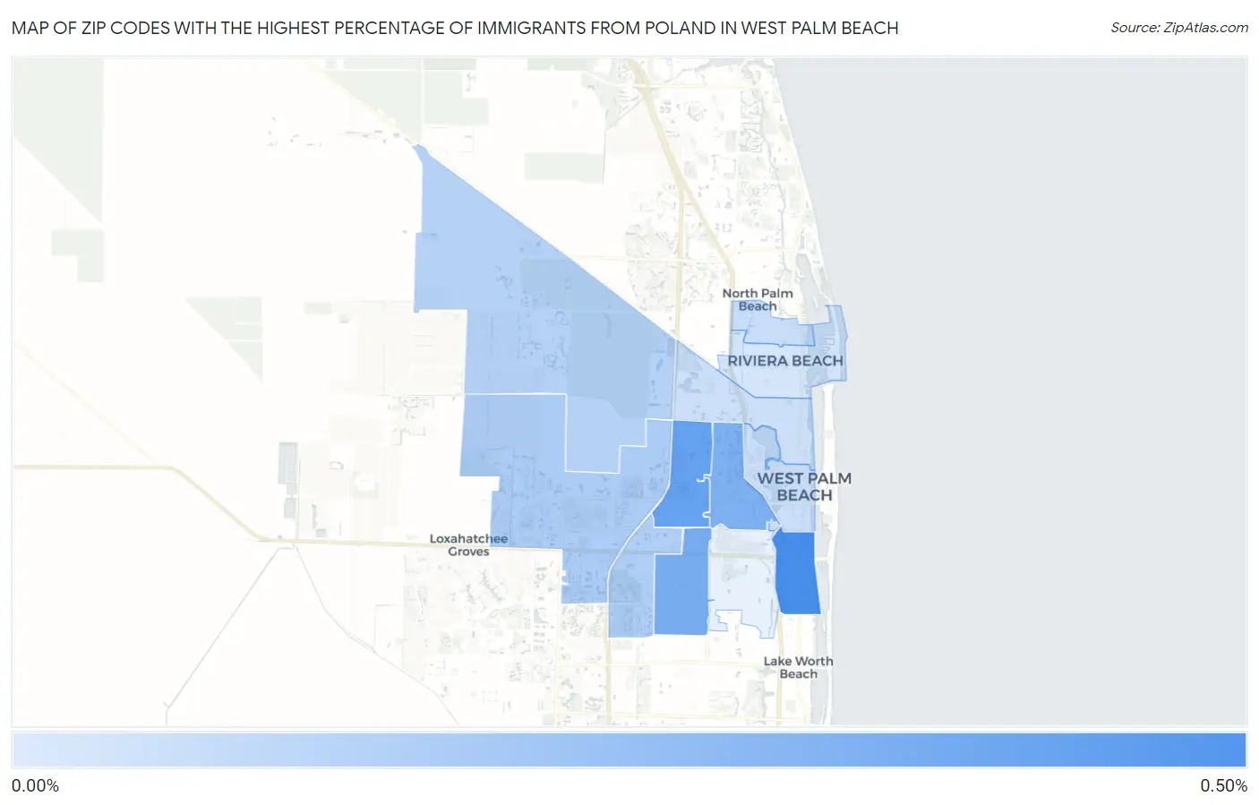 Zip Codes with the Highest Percentage of Immigrants from Poland in West Palm Beach Map