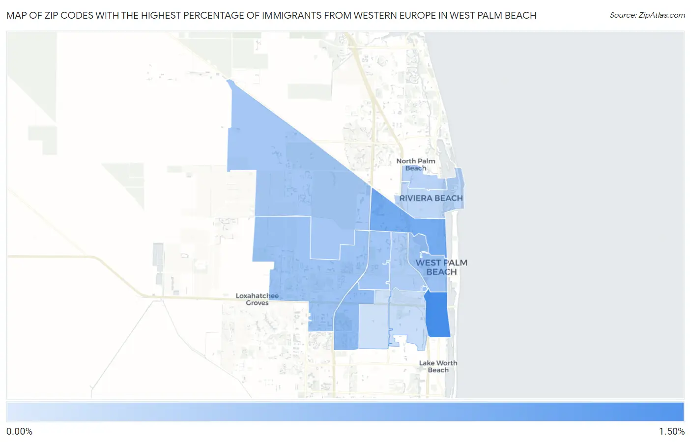 Zip Codes with the Highest Percentage of Immigrants from Western Europe in West Palm Beach Map