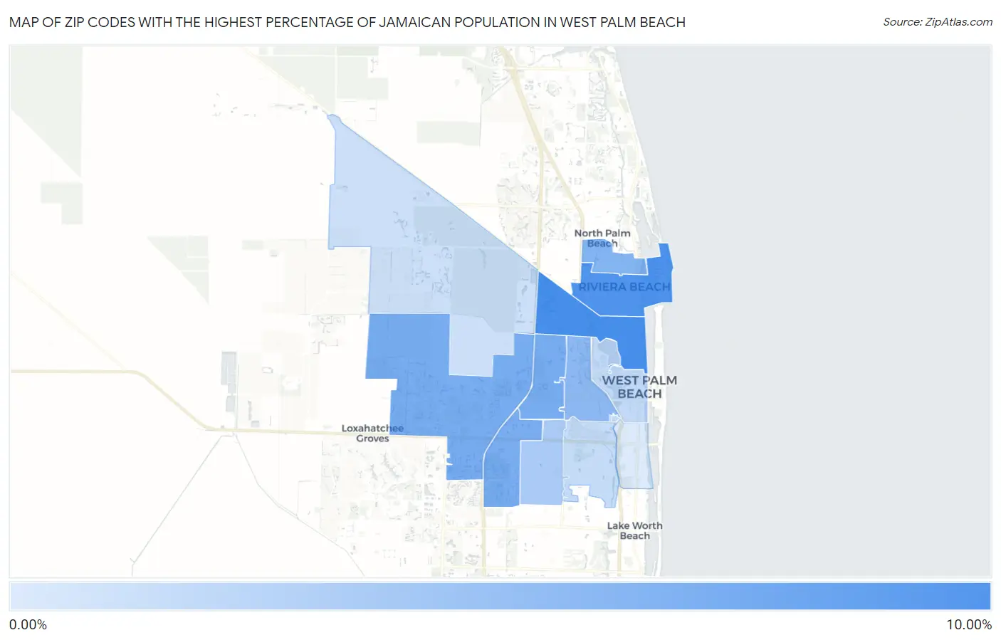 Zip Codes with the Highest Percentage of Jamaican Population in West Palm Beach Map