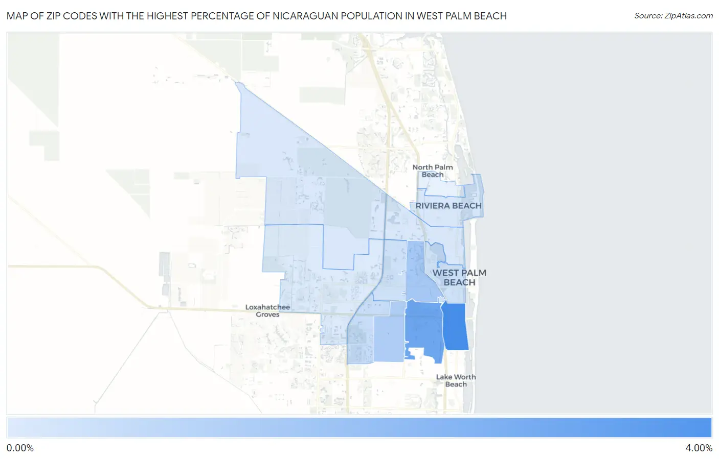 Zip Codes with the Highest Percentage of Nicaraguan Population in West Palm Beach Map
