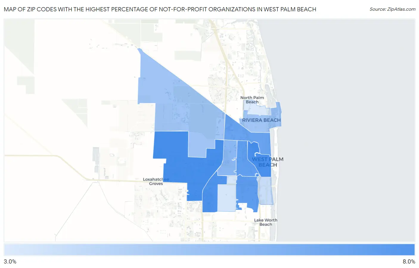 Zip Codes with the Highest Percentage of Not-for-profit Organizations in West Palm Beach Map