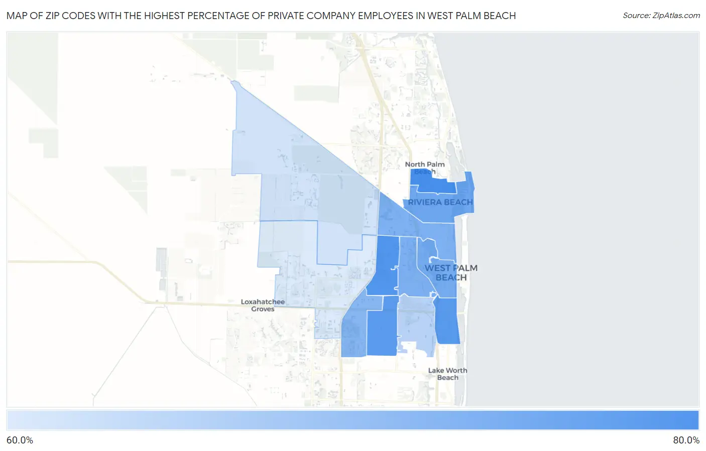 Zip Codes with the Highest Percentage of Private Company Employees in West Palm Beach Map