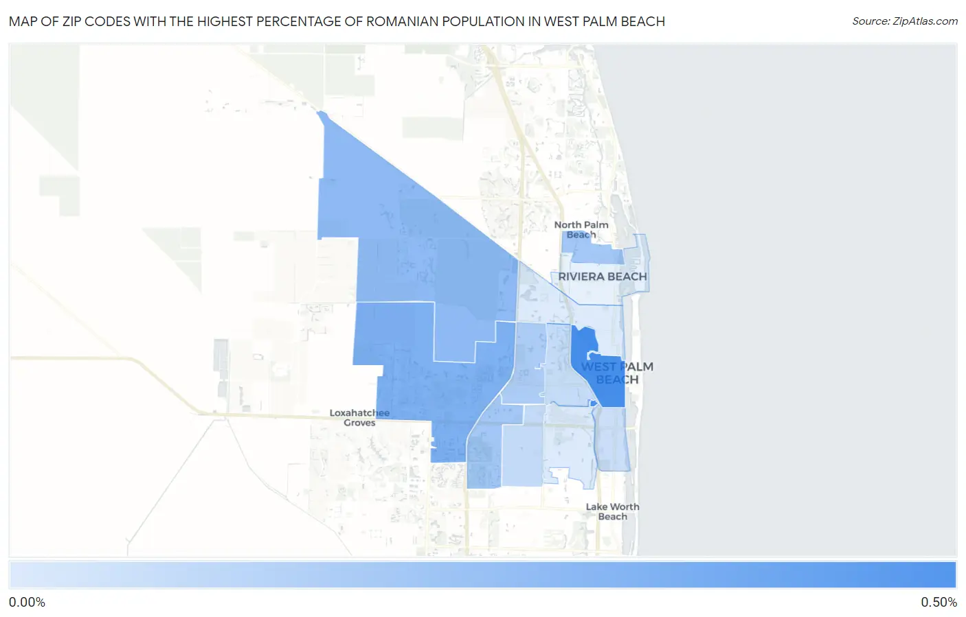 Zip Codes with the Highest Percentage of Romanian Population in West Palm Beach Map