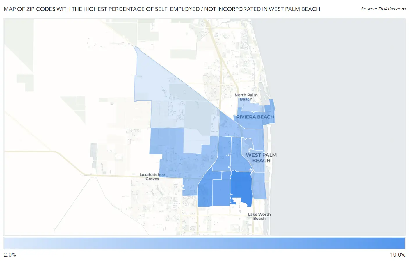 Zip Codes with the Highest Percentage of Self-Employed / Not Incorporated in West Palm Beach Map