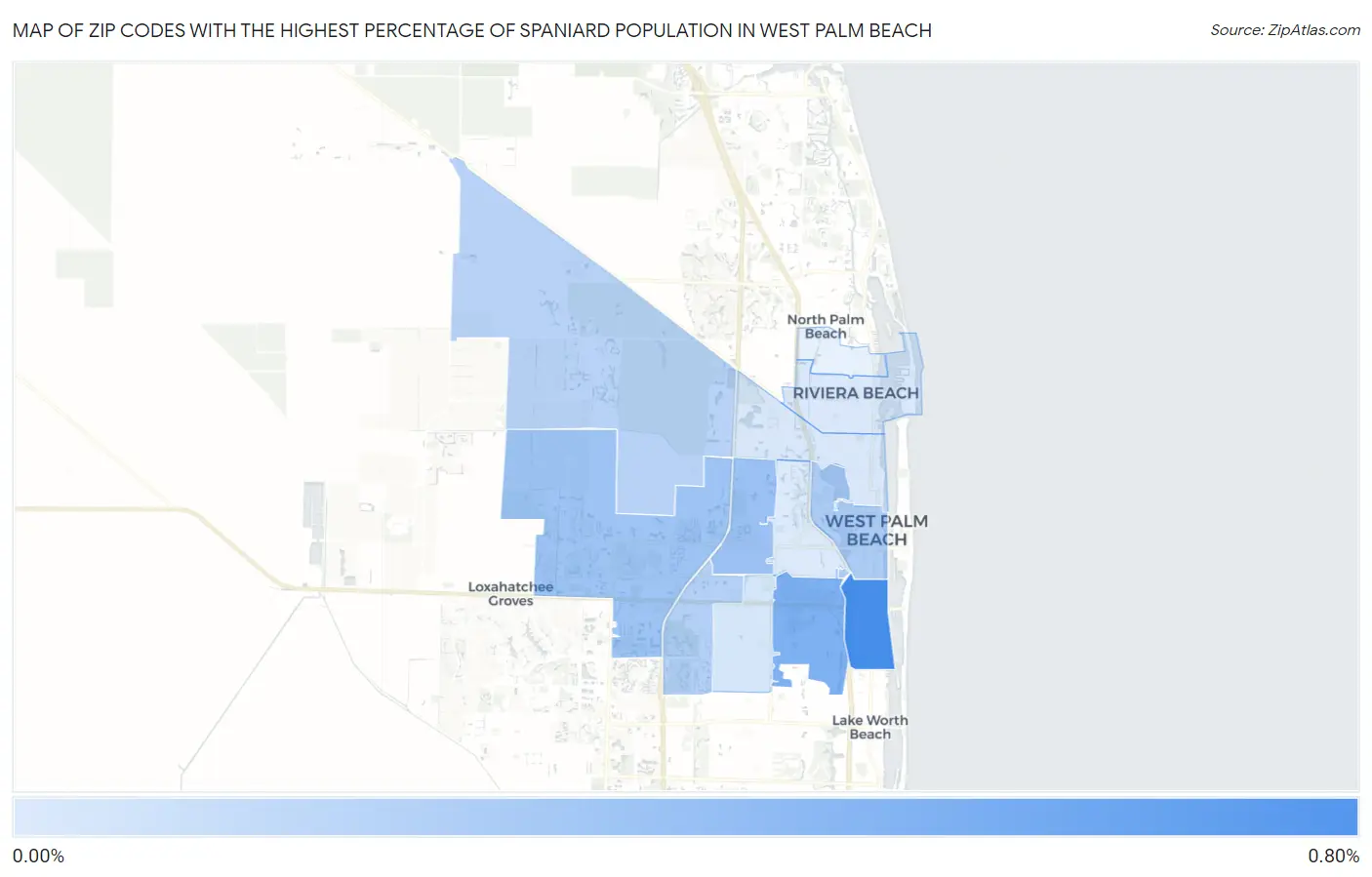 Zip Codes with the Highest Percentage of Spaniard Population in West Palm Beach Map