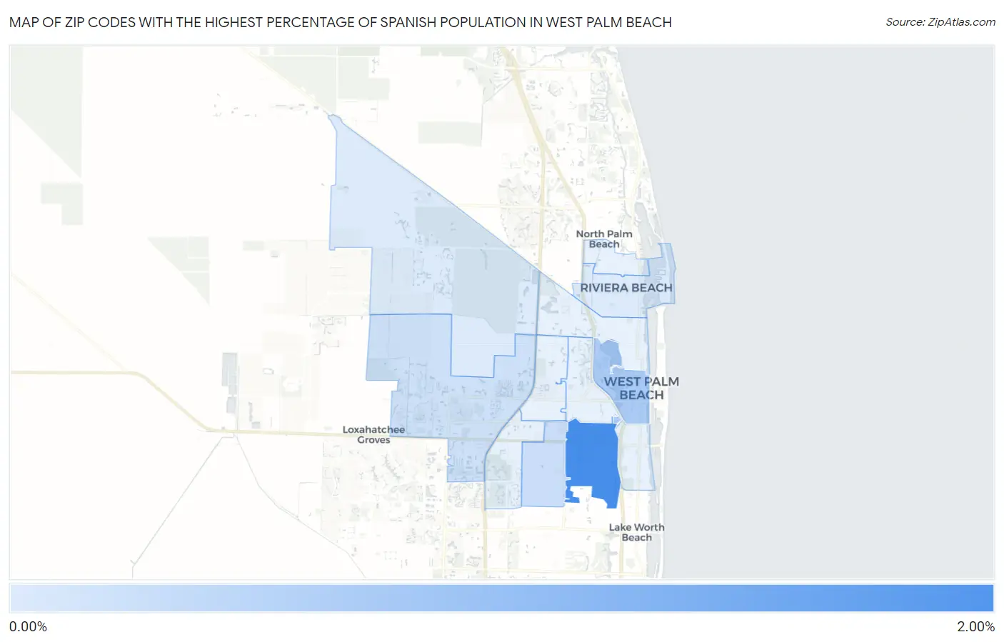 Zip Codes with the Highest Percentage of Spanish Population in West Palm Beach Map