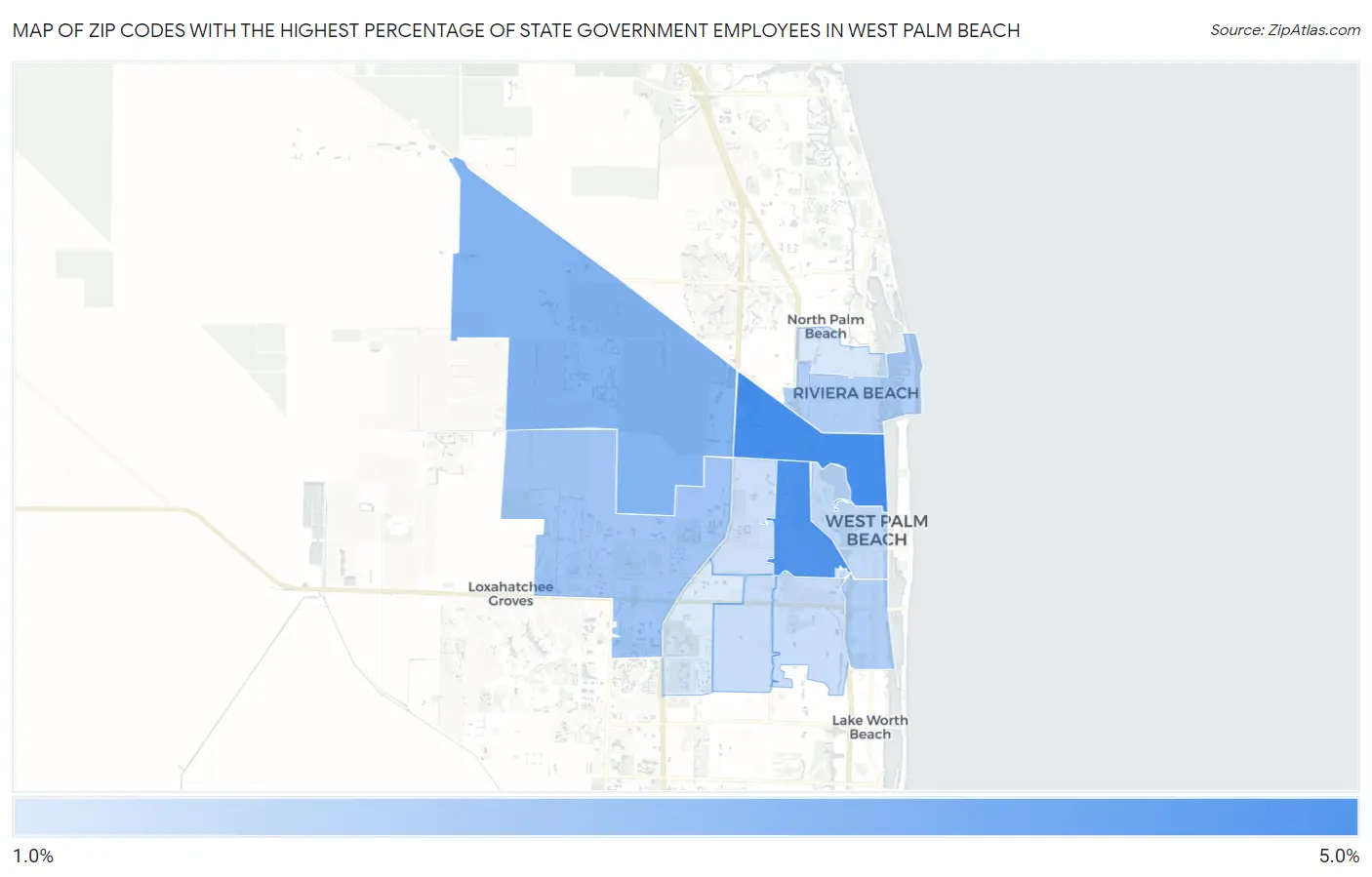 Zip Codes with the Highest Percentage of State Government Employees in West Palm Beach Map
