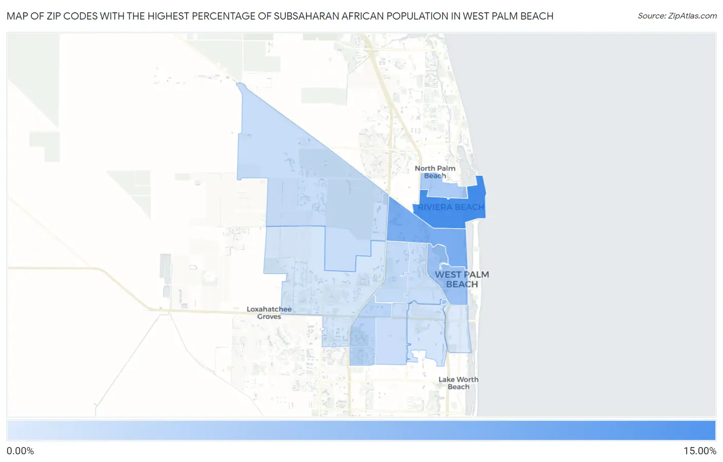 Zip Codes with the Highest Percentage of Subsaharan African Population in West Palm Beach Map