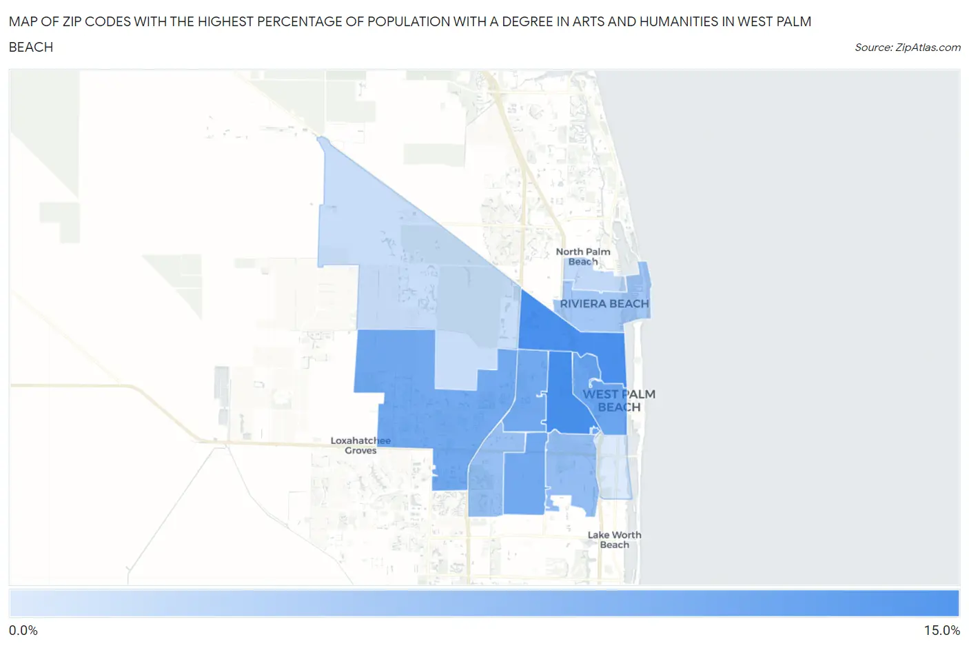 Zip Codes with the Highest Percentage of Population with a Degree in Arts and Humanities in West Palm Beach Map