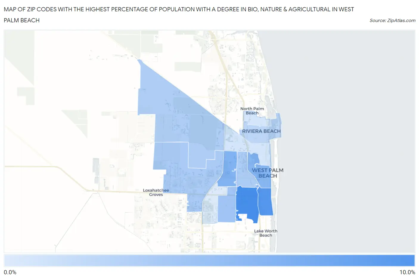 Zip Codes with the Highest Percentage of Population with a Degree in Bio, Nature & Agricultural in West Palm Beach Map