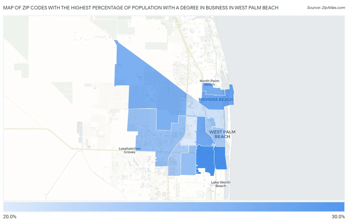 Zip Codes with the Highest Percentage of Population with a Degree in Business in West Palm Beach Map