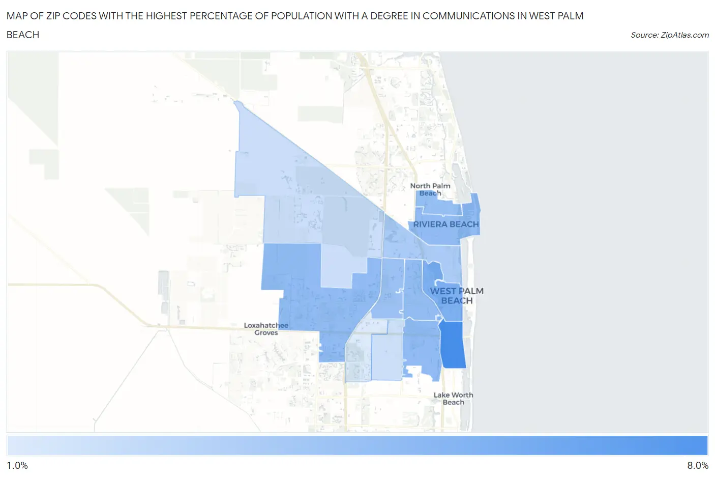 Zip Codes with the Highest Percentage of Population with a Degree in Communications in West Palm Beach Map